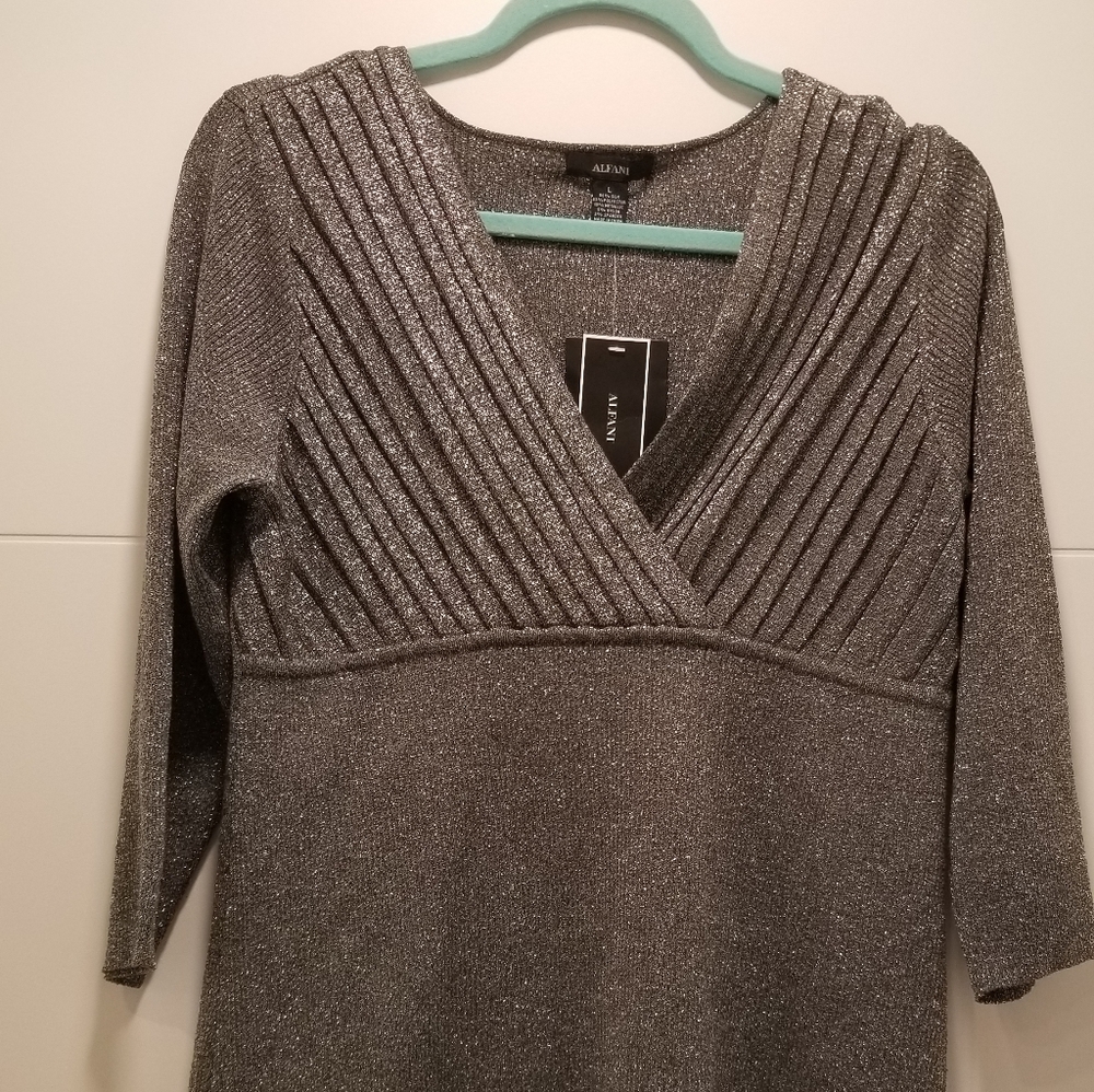 Alfani Women's Silk Silver Shimmer Blouse sz L